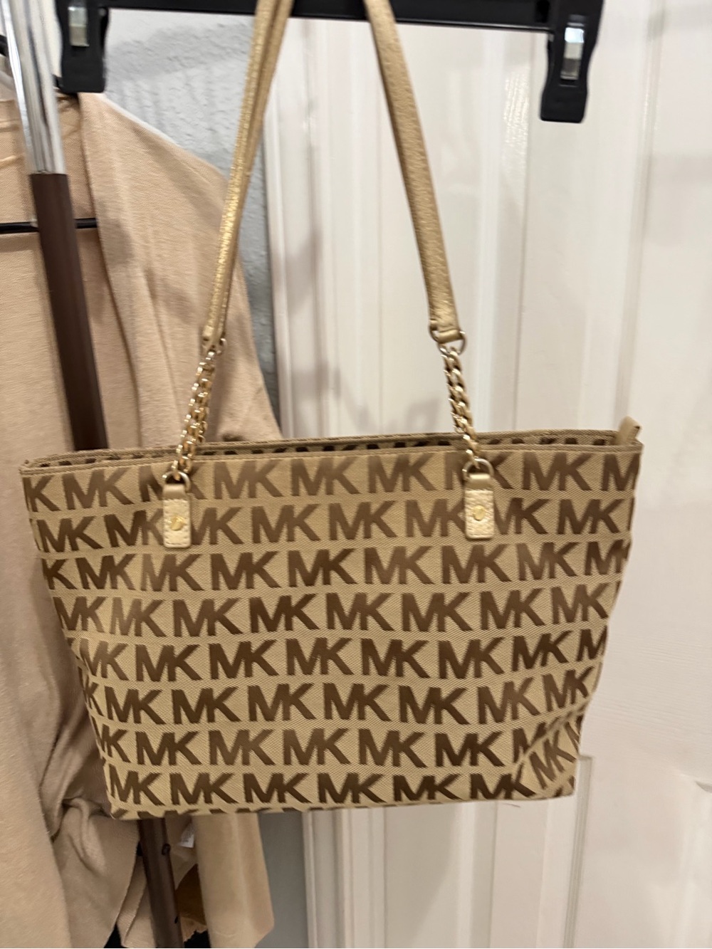 Michael Kors Tan Beige MK Logo Tote with Gold Chain Straps